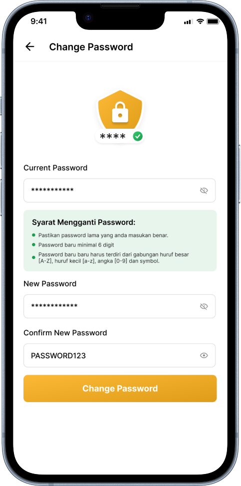 SALLY Change Password screen with current password, password requirements, and confirmation fields